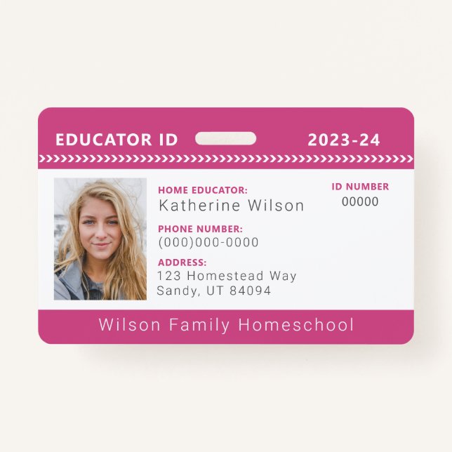 Pink Chevron Homeschool Educator ID Badge (Front)