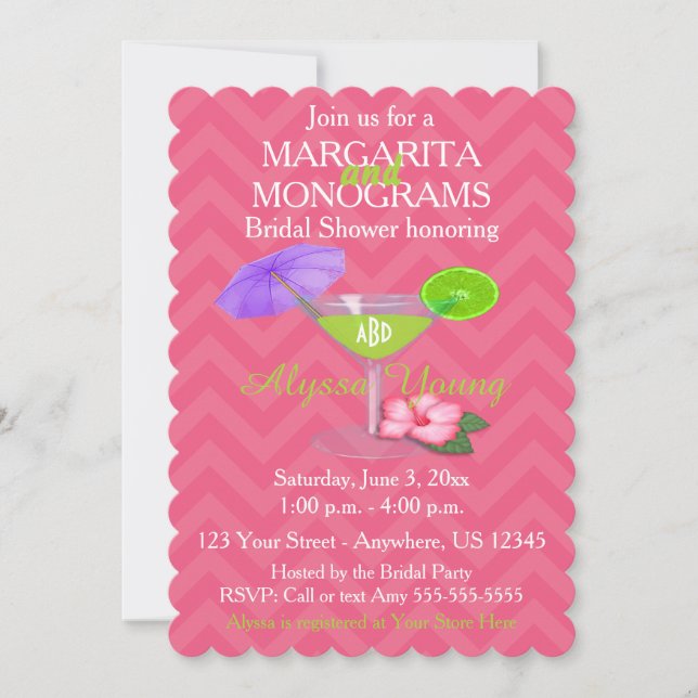 Pink Chevron Margarita Monograms Bridal Shower Invitation (Front)