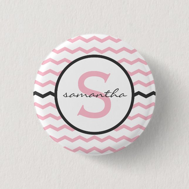 Pink Chevron Monogram Pinback Button (Front)