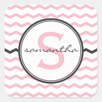 Pink Chevron Monogram Square Sticker by snowfinch at Zazzle
