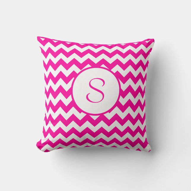 Pink Chevron Monogramed Hot pink Throw Pillow (Front)
