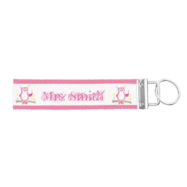 Pink chevron owl teacher wrist keychain (Keys on Right)