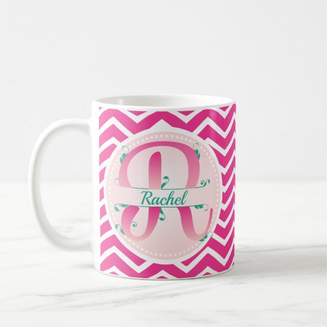 Pink Chevron Pattern Monogram Coffee Mug (Left)