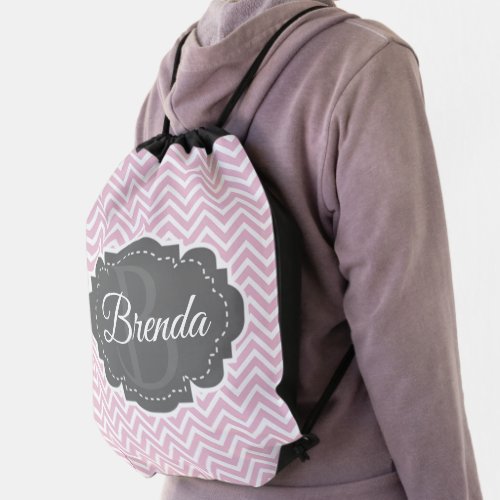 Pink Chevron Personalize Drawstring Bag