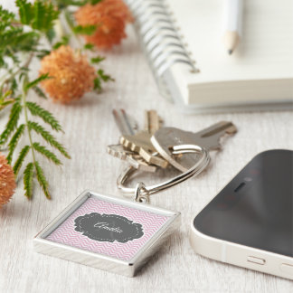 Pink Chevron Personalized Button Keychain