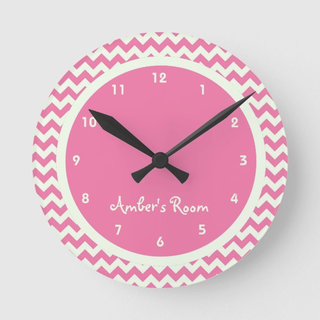 Pink Chevron Personalized Kid's Bedroom Round Clock (Front)