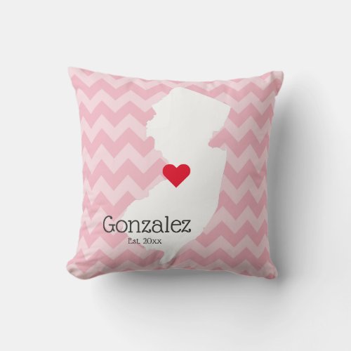 Pink Chevron Personalized New Jersey Family Name Throw Pillow