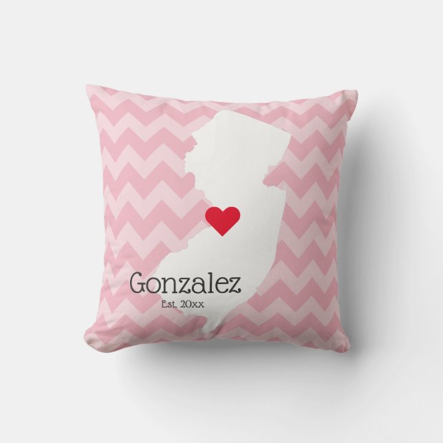 Pink Chevron Personalized New Jersey Family Name Throw Pillow (Front)