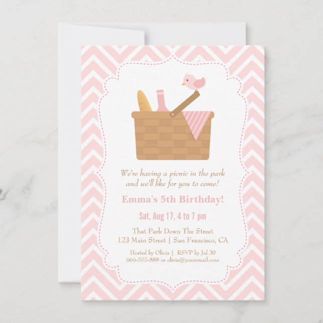 Pink Chevron Picnic Birthday Party Invitations (Front)