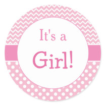 Pink Chevron & Polkas Dot Baby Shower Classic Round Sticker