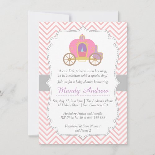 Pink Chevron, Princess Carriage, Girl Baby Shower Personalized Announcement