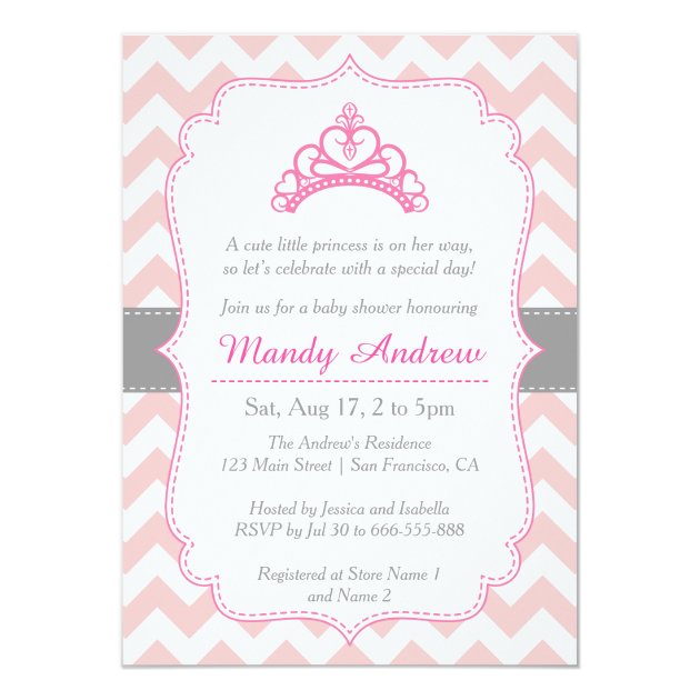 Pink Chevron, Princess Crown, Girl Baby Shower Invitation