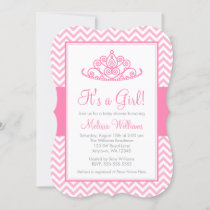 Pink Chevron Princess Crown Girl Baby Shower Invitation