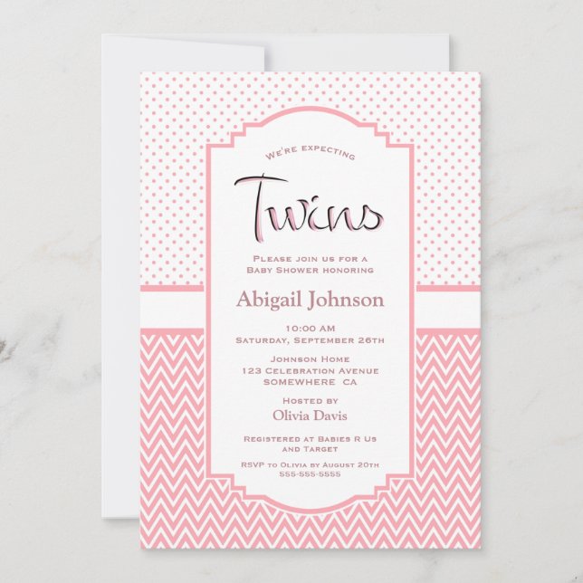 Pink Chevron Stripes Polka Dots Twins Baby Shower Invitation (Front)