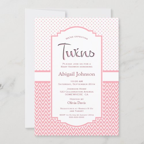 Pink Chevron Stripes Polka Dots Twins Baby Shower Invitation