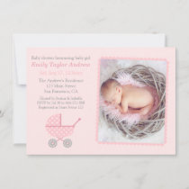 Pink Chevron Stroller Photo Baby Girl Shower Invitation