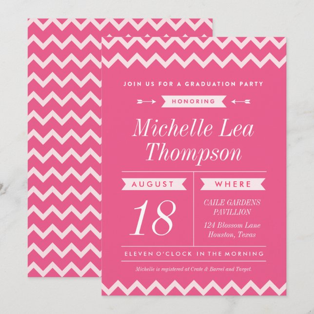 Pink Chevron Stylish Graduation Party Invitations (Front/Back)