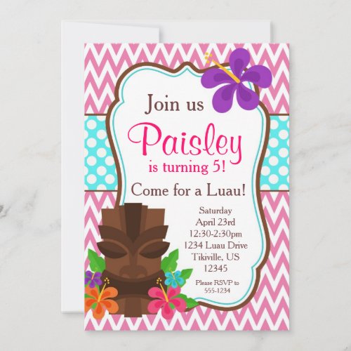 Pink Chevron Tiki Man Luau Birthday Party Invitation