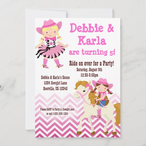 Pink Chevron Twin Cowgirls Birthday Party Invite