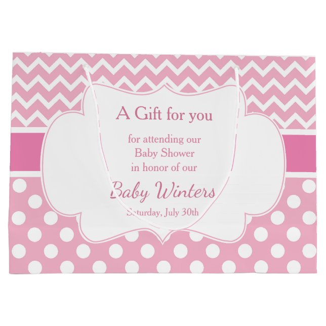 Pink Chevron & White Polka Dots Baby Shower Party Large Gift Bag (Back)