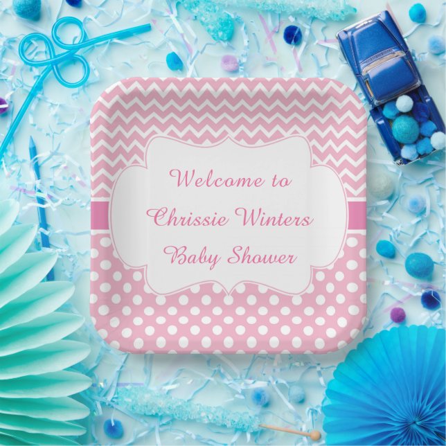 Pink Chevron & White Polka Dots Baby Shower Party Paper Plates (Party)