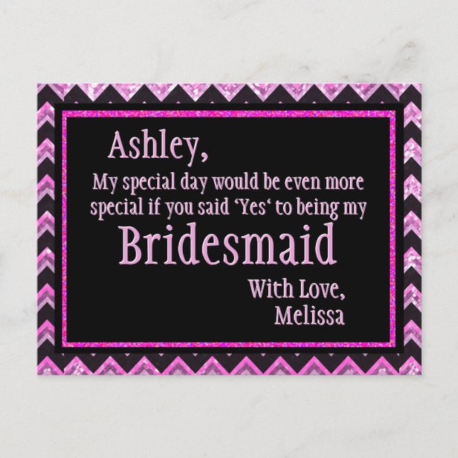 Pink Chevron - Will You Be My Bridesmaid? Invitation Postcard (Front)