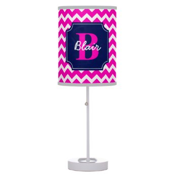 Pink Chevron With Navy Frame Name And Initial Table Lamp by Jmariegarza at Zazzle