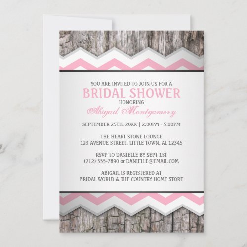 Pink Chevron &amp; Wood Rustic Bridal Shower Personalized Invitations