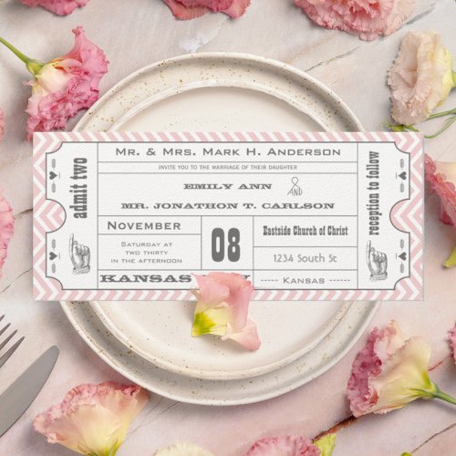 Pink Chevron Zig Zag Vintage Modern Ticket Wedding Invitation