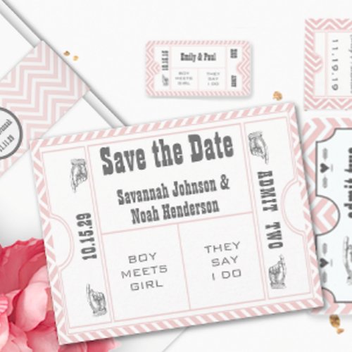 Pink Chevron Zig Zag Vintage Modern Ticket Wedding Save The Date