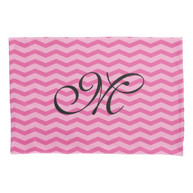 Pink chevron zigzag pattern monogrammed pillowcase (Front)
