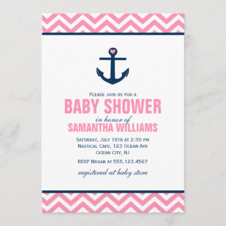 Pink Chevrons Nautical Girl Baby Shower Invitation