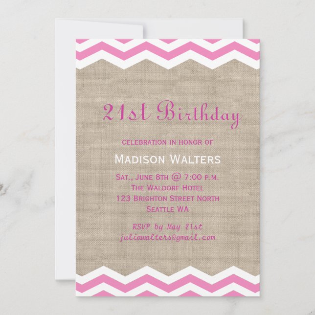 Pink Chevrons on Burlap Birthday Invitation (Front)