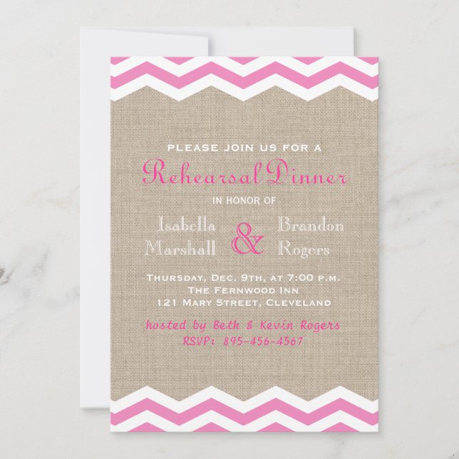Pink Chevrons on Burlap Rehearsal Dinner Invite (Front)