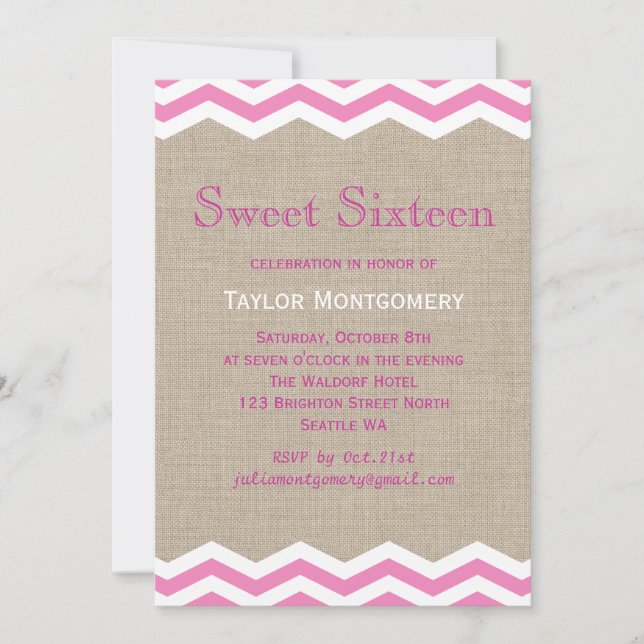 Pink Chevrons on Burlap Sweet Sixteen Invitation (Front)