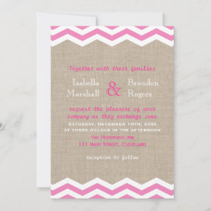 Pink Chevrons on Burlap Wedding Invitation