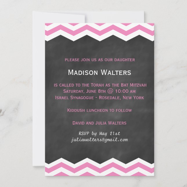 Pink Chevrons on Chalkboard Bat Mitzva Invitation (Front)