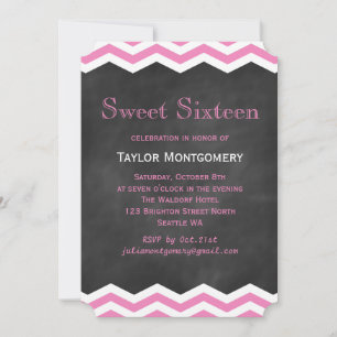 Pink Chevrons on Chalkboard Sweet Sixteen Invite