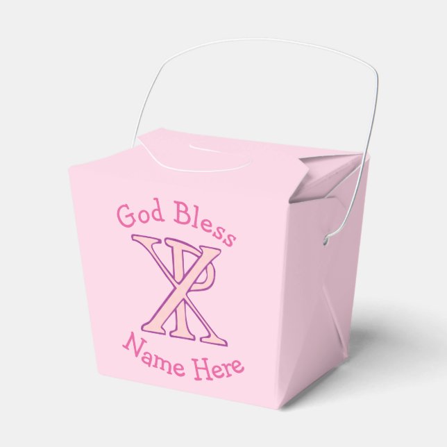 Pink Chi Ro Christian Cross on Pink Personalized  Favor Boxes (Front Side)