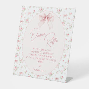 Pink Chic Bow Roses Baby Girl Shower Diaper Raffle Pedestal Sign