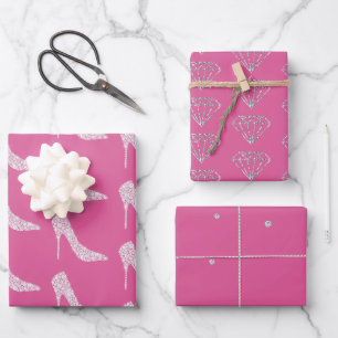 Pink Chic Diamond High Heel Shoes Wedding Wrapping Paper Sheets