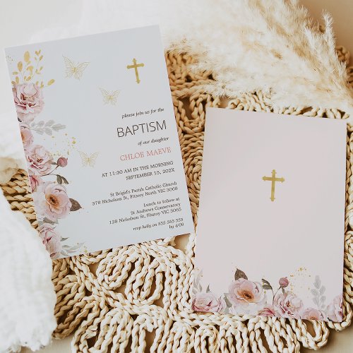Pink Chic Floral Butterfly Christening Baptism  Invitation