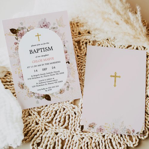 Pink Chic Floral Gold Cross Baptism Christening Invitation