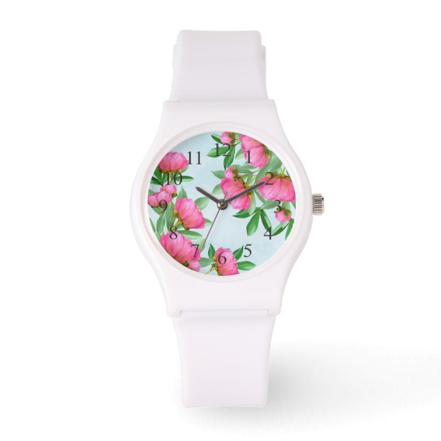 Pink Chic Floral Peonies Simple Elegant Flowers Watch (Front)