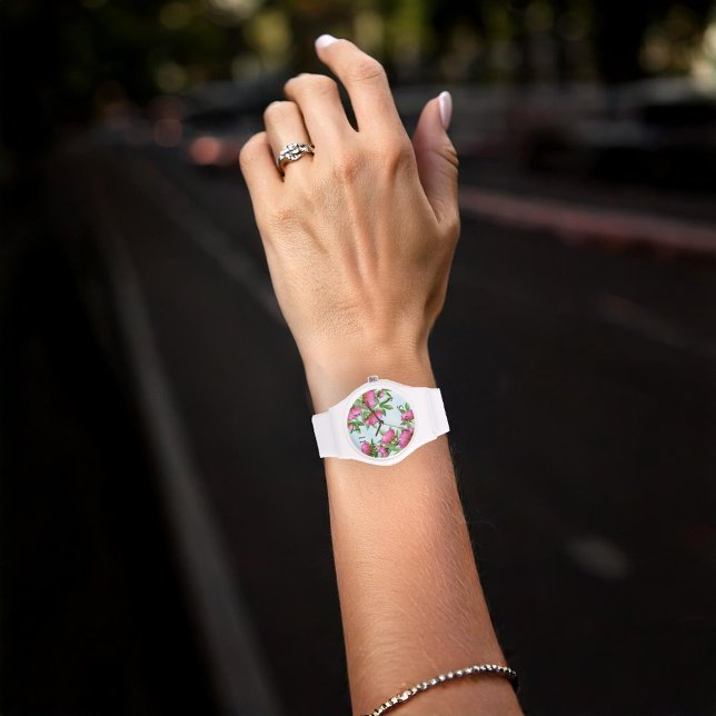 Pink Chic Floral Peonies Simple Elegant Flowers Watch (Peonies Floral Watch)