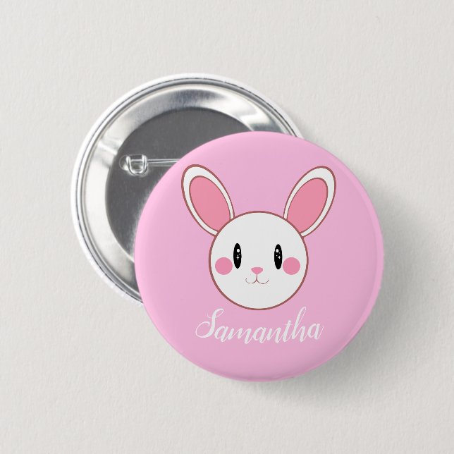 Pink Chic Modern Cute Fluffy Bunny Rabbit Button (Front & Back)