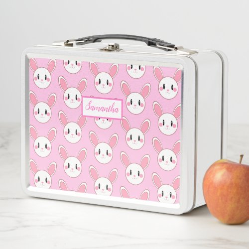 Pink Chic Modern Cute Fluffy Bunny Rabbit Metal Lunch Box