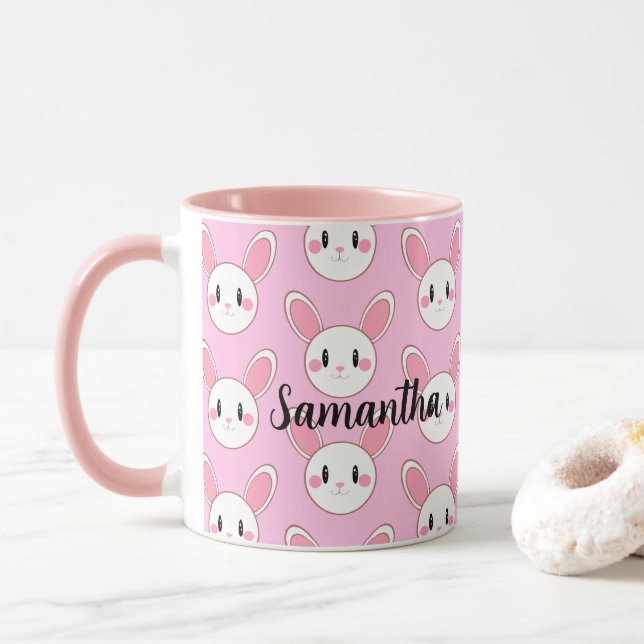 Pink Chic Modern Cute Fluffy Bunny Rabbit Mug (With Donut)