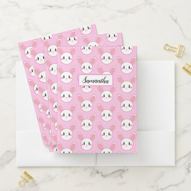 Pink Chic Modern Cute Fluffy Bunny Rabbit Pocket Folder (In Situ)