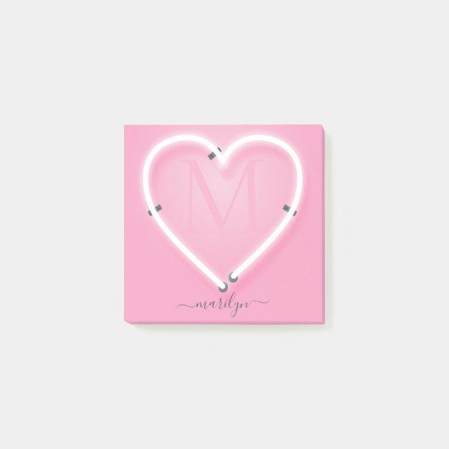 Pink Chic Neon Heart Sign Monogram Name No Post-it Notes (Front)
